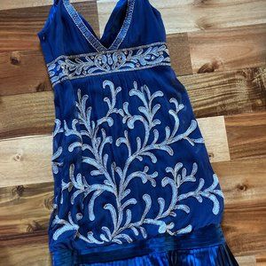 Sue Wong vintage retro beaded blue and gray cocktail dress size 4